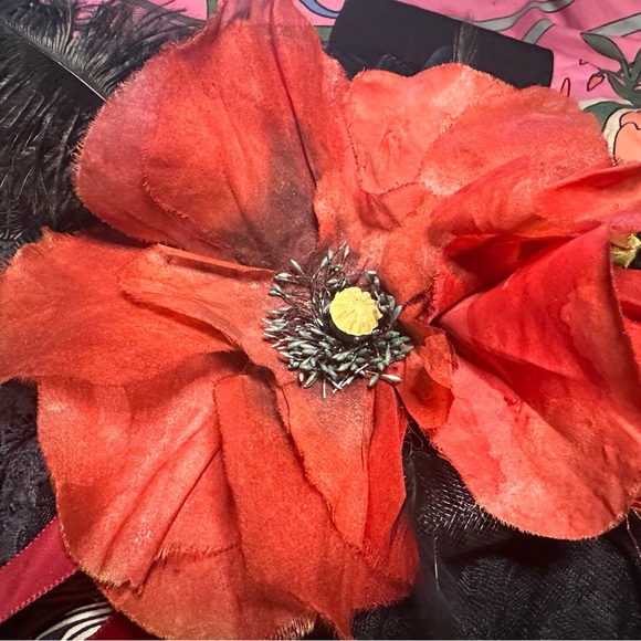 VINTAGE Handmade Runway SILK ORGANDY RED POPPY Feathers PIN HUGE 1940'S WOW! - Picture 9 of 10